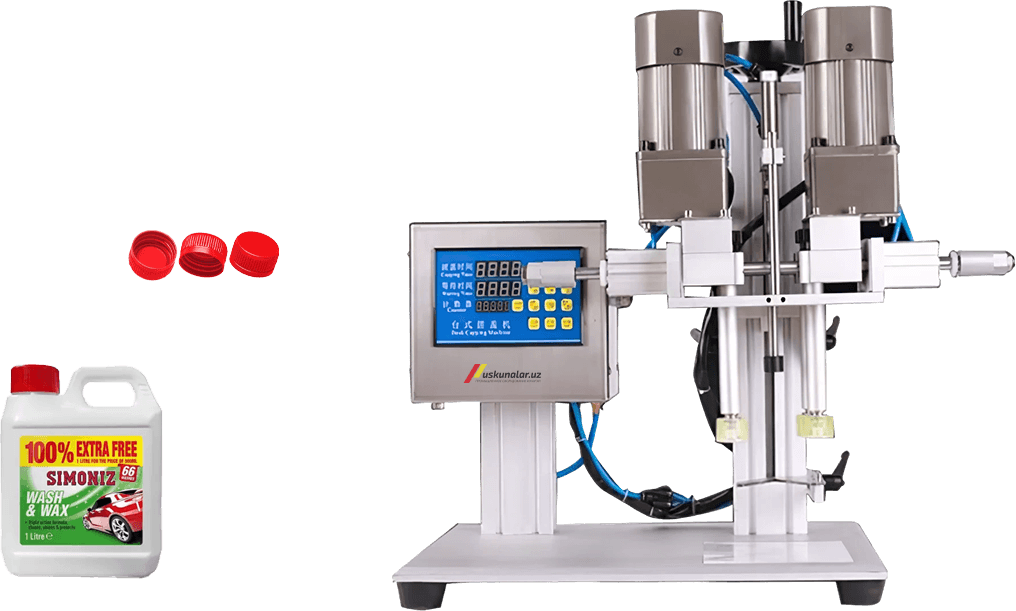 qopqoqlash uskunasi, burama qopqoqli qadoqlash, burama qopqoq qo'yish uskunasi, baklashka yopish uskunasi, sirop qadoqlash uskunasi, sok yopish uskunasi