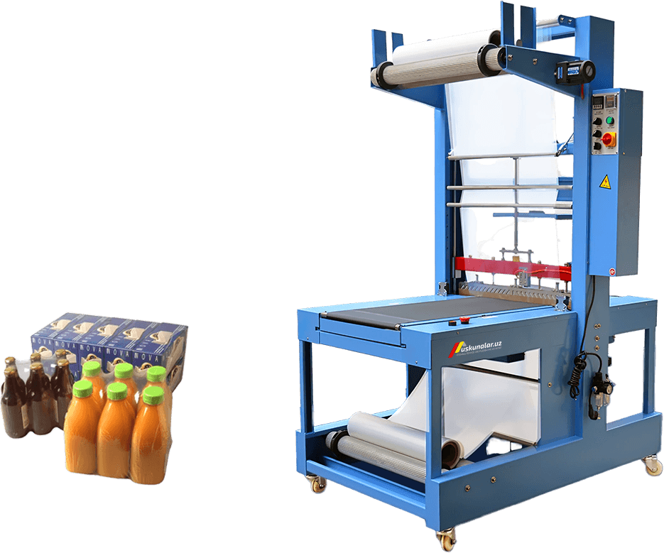 termoqadoqlash, muhrlash va kesish, POF, konveyer, sirkulyatsion termoqadoqlash, qutili choy qadoqlash, qutili kofe qadoqlash, gazli ichimlik qadoqlash, baklashka bloklash, shishani bloklash uskunasi, plyonka o'rash uskunasi, bloklash uskunasi