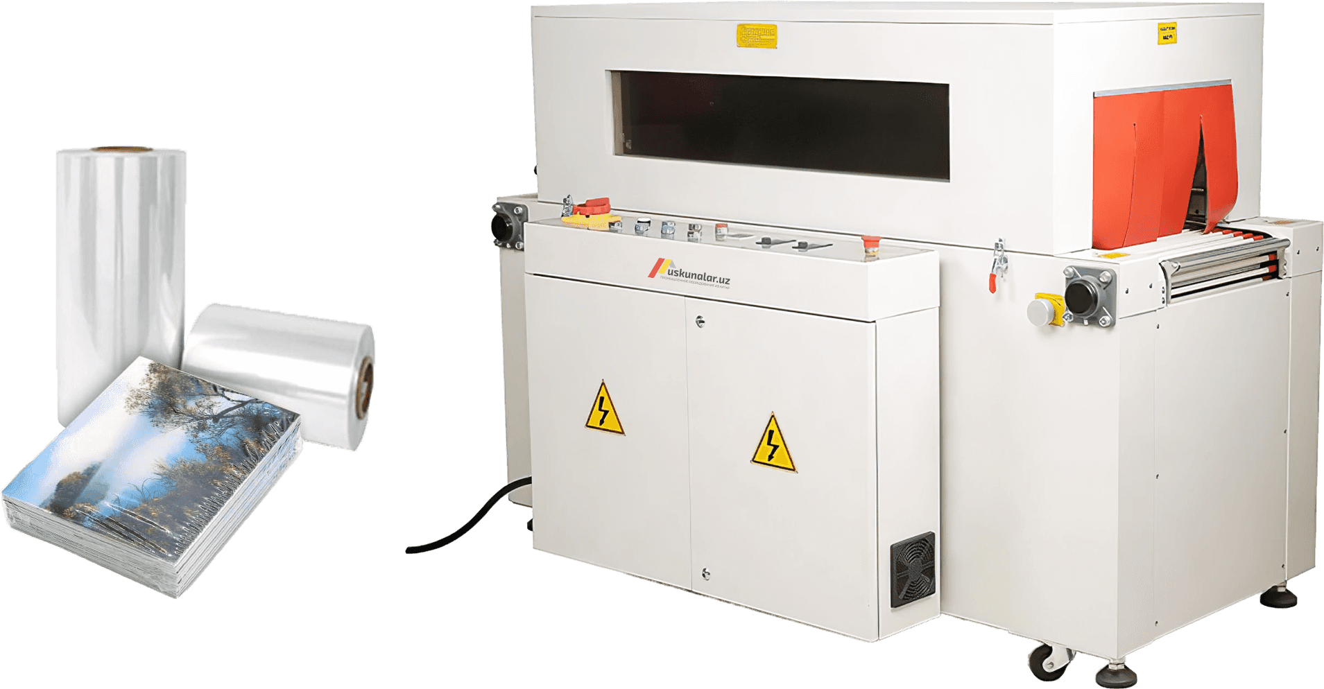 termoqadoqlash, muhrlash va kesish, POF, konveyer, sirkulyatsion termoqadoqlash, qutili choy qadoqlash, qutili kofe qadoqlash, gazli ichimlik qadoqlash, baklashka bloklash, shishani bloklash uskunasi, plyonka o'rash uskunasi, bloklash uskunasi